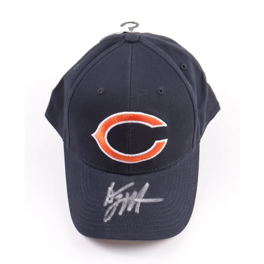 Dark blue Chicago Bears cap with orange C logo and white autograph on brim