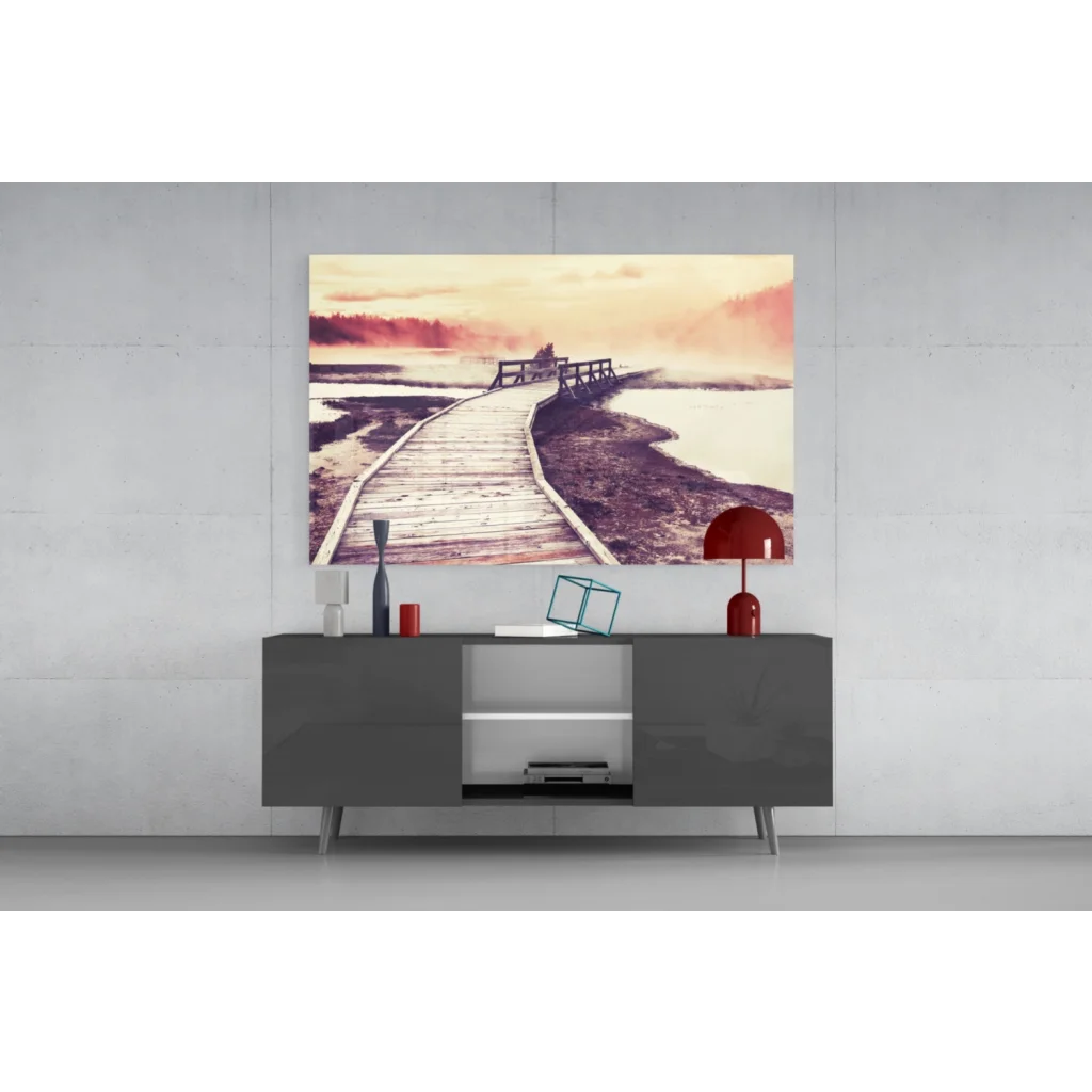Misty boardwalk sunset canvas wall art print of pier in misty water