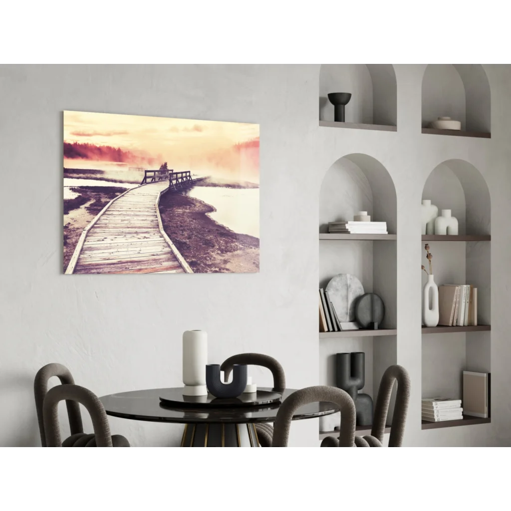 Misty boardwalk sunset canvas wall art print with glass wall vibes