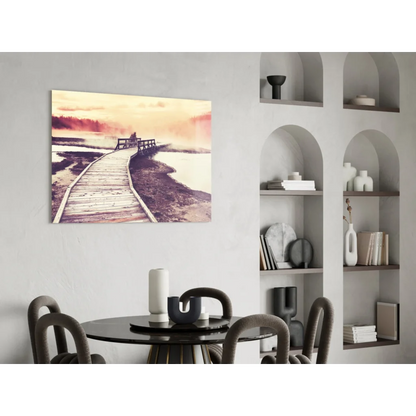 Misty boardwalk sunset canvas wall art print with glass wall vibes