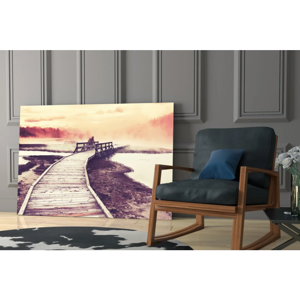 Misty boardwalk sunset canvas wall art print on glass wall
