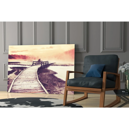 Misty boardwalk sunset canvas wall art print on glass wall