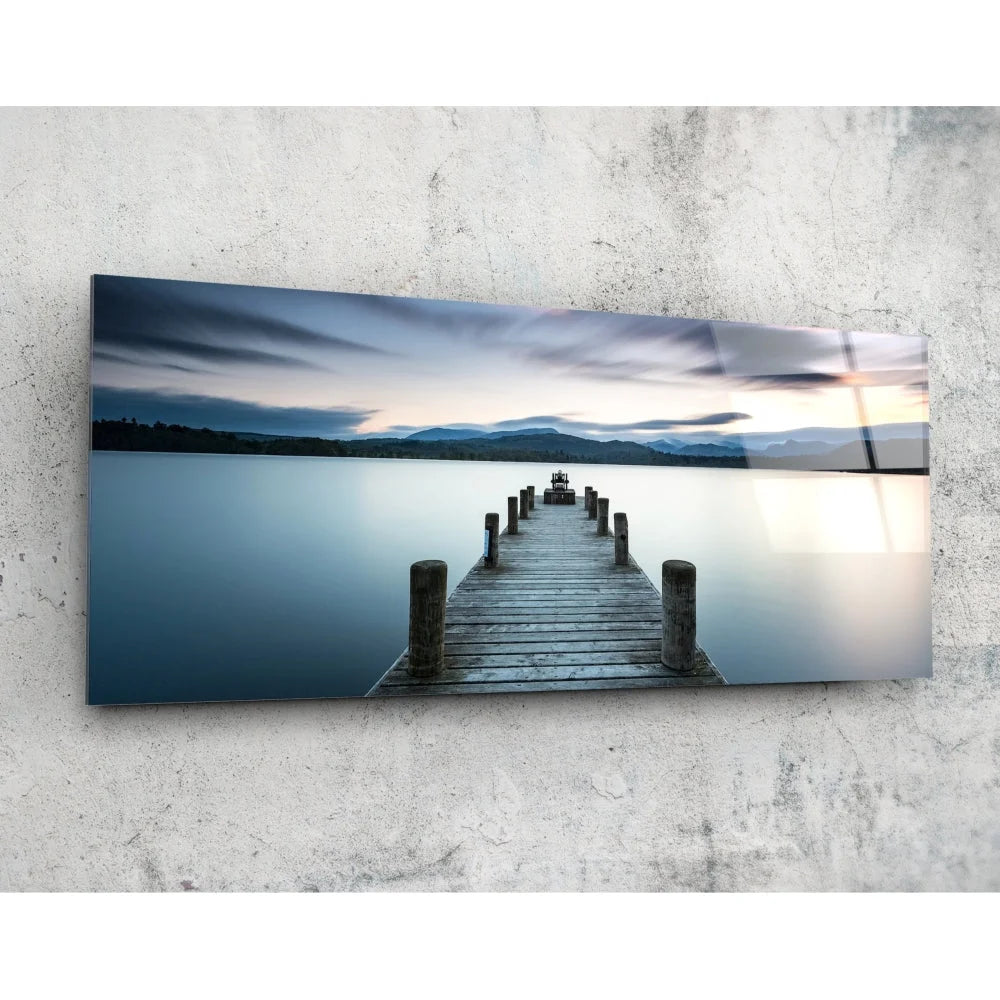 Stunning twilight pier tempered glass art on serene waters