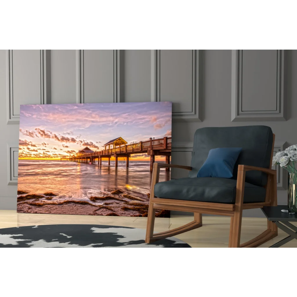 Stunning sunset pier glass wall art canvas print on ocean pier