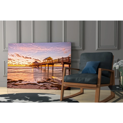 Stunning sunset pier glass wall art canvas print on ocean pier
