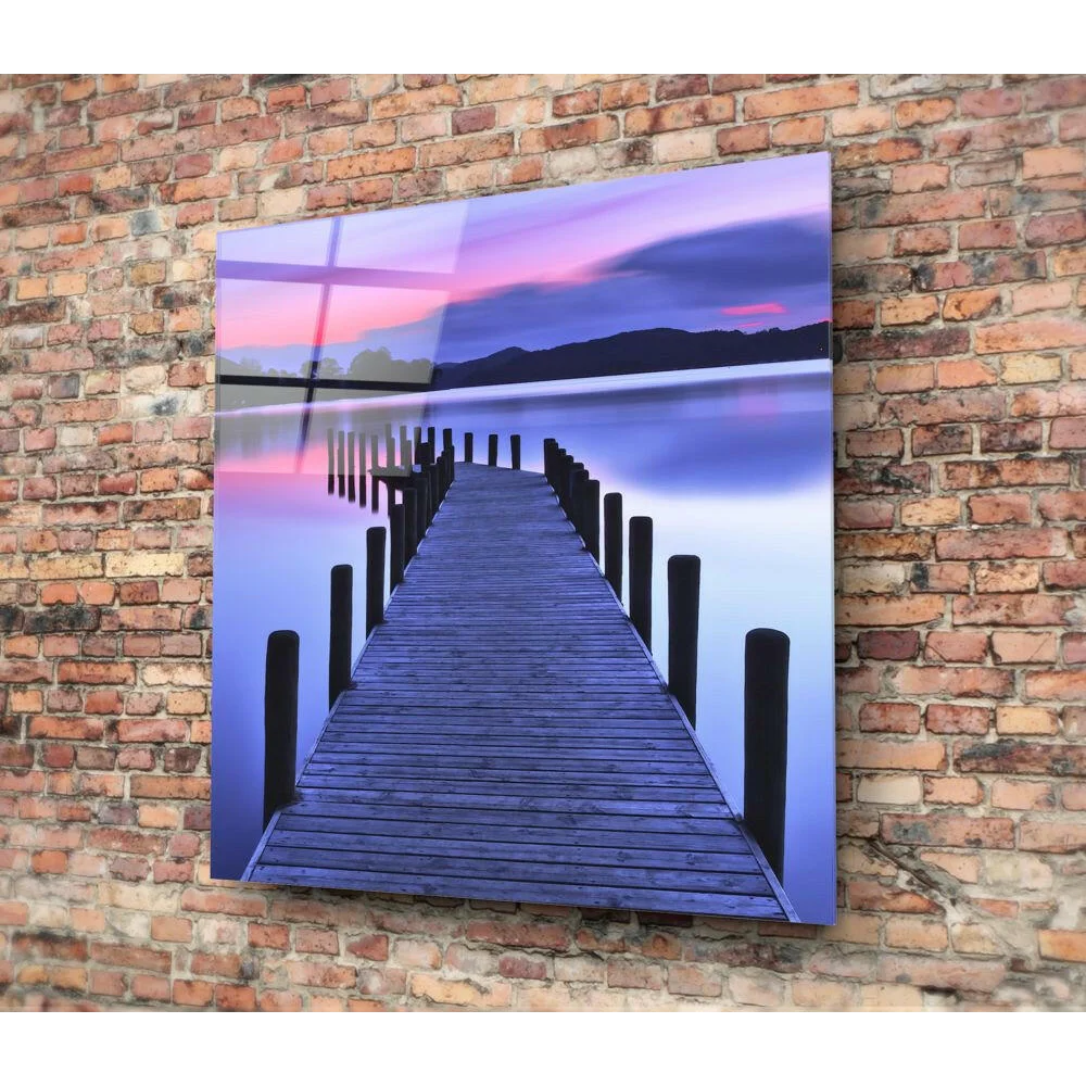 Stunning twilight pier glass wall art print of serene wooden pier