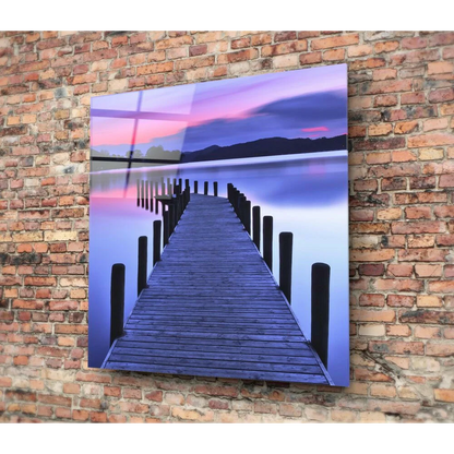 Stunning twilight pier glass wall art print of serene wooden pier