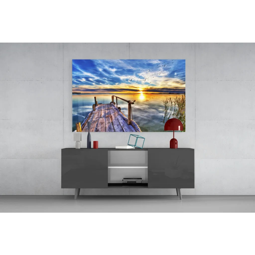 Vibrant sunset dock wall art canvas with golden reflections