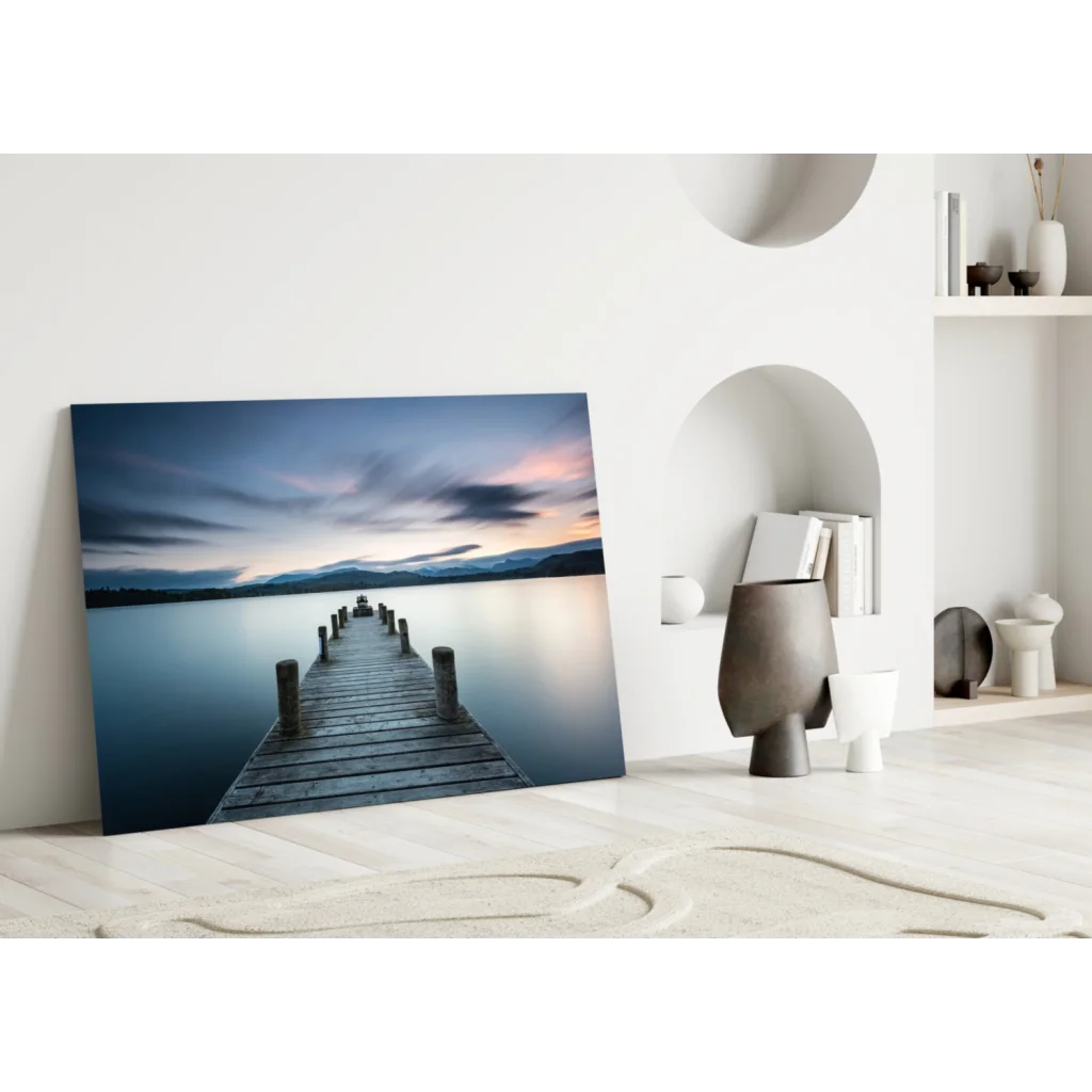 Twilight Pier glass wall art print of serene pier in calm waters at dusk