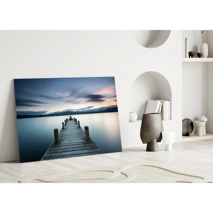 Twilight Pier glass wall art print of serene pier in calm waters at dusk