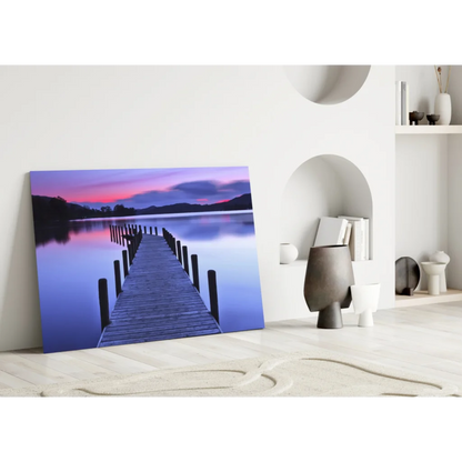 Vibrant twilight pier glass wall art in purple pink skies