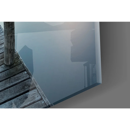 Sleek minimalist glass wall art print of hazy skyline reflection