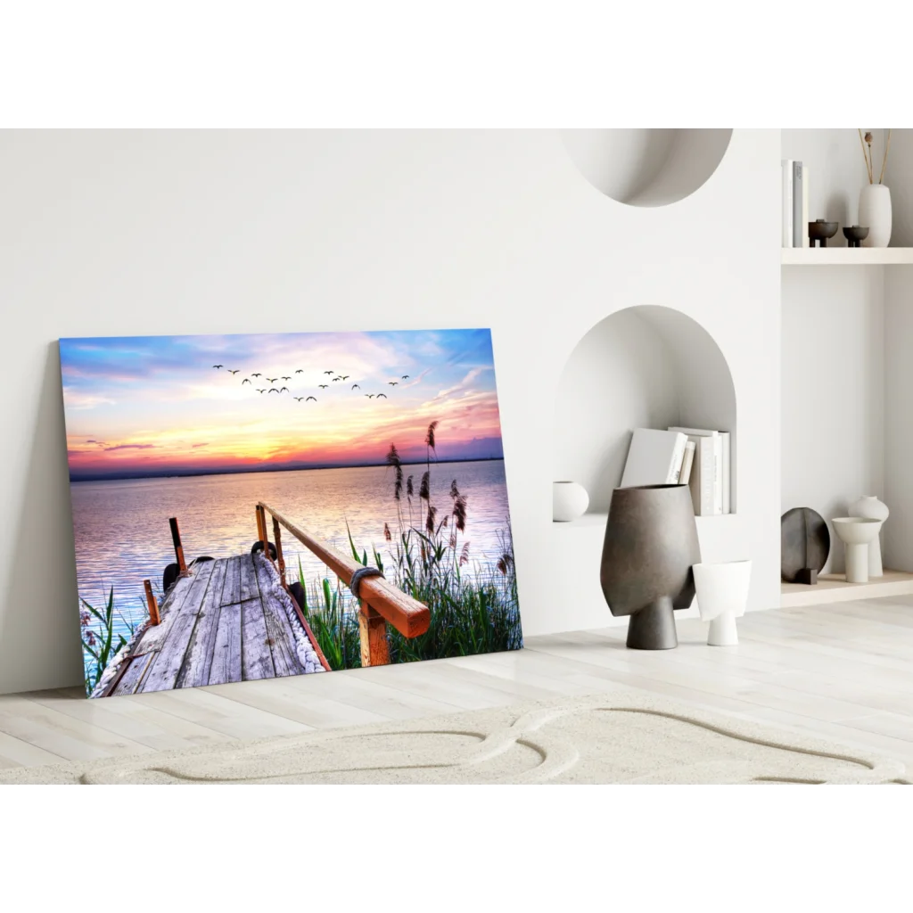 Stunning Sunset Dock Glass Wall Art with Flying Birds | Modern Wall Art Decor | vintageantiquesgifts.com