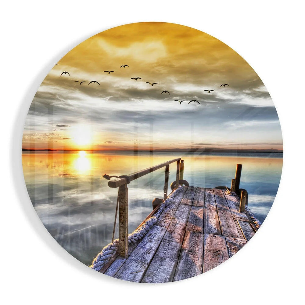 Stunning sunset dock tempered glass art with flying birds