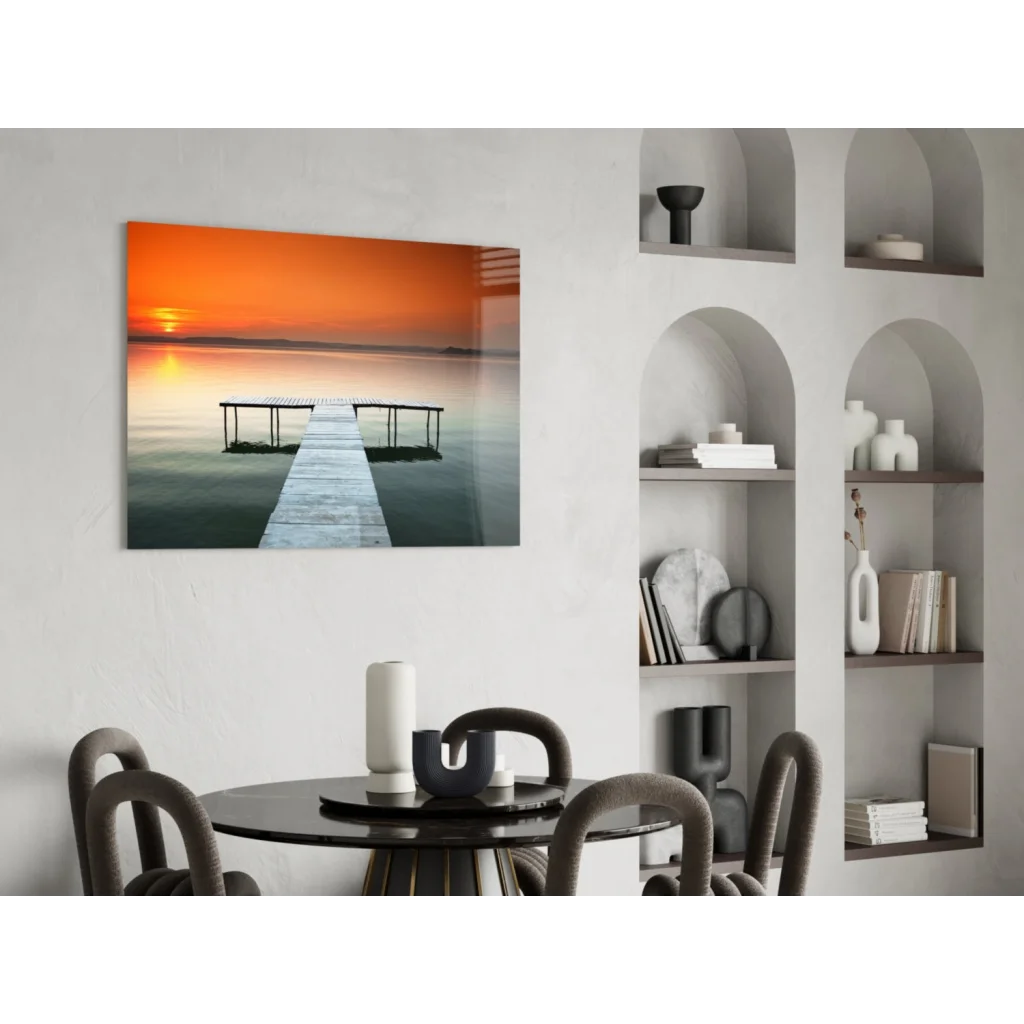 Serene sunset over calm water with wooden pier, glass wall art print