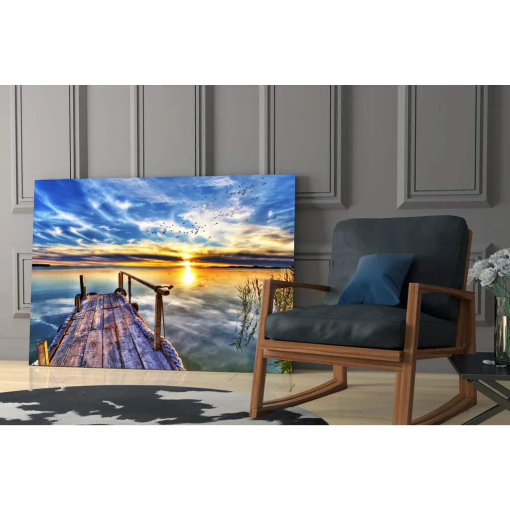 Sunset dock canvas wall art with golden reflections on calm water