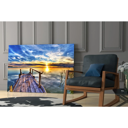 Sunset dock canvas wall art with golden reflections on calm water