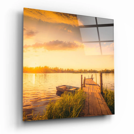 Serene sunset dock in warm tones on tempered glass art