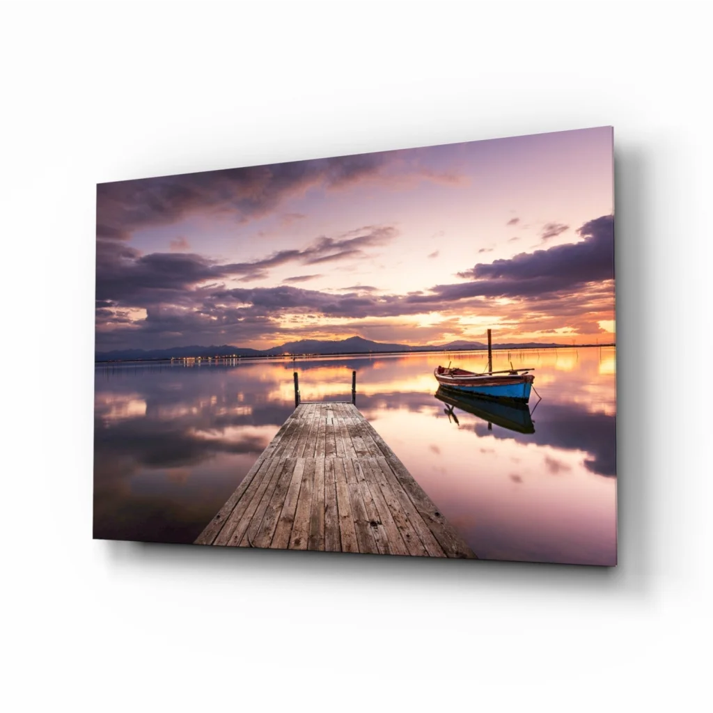 Serene sunset dock glass wall art with vibrant purple sky over calm water