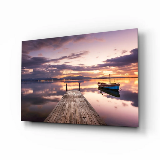 Stunning Sunset Dock Glass Wall Art with Vibrant Purple Sky | Insigneart USA | vintageantiquesgifts.com