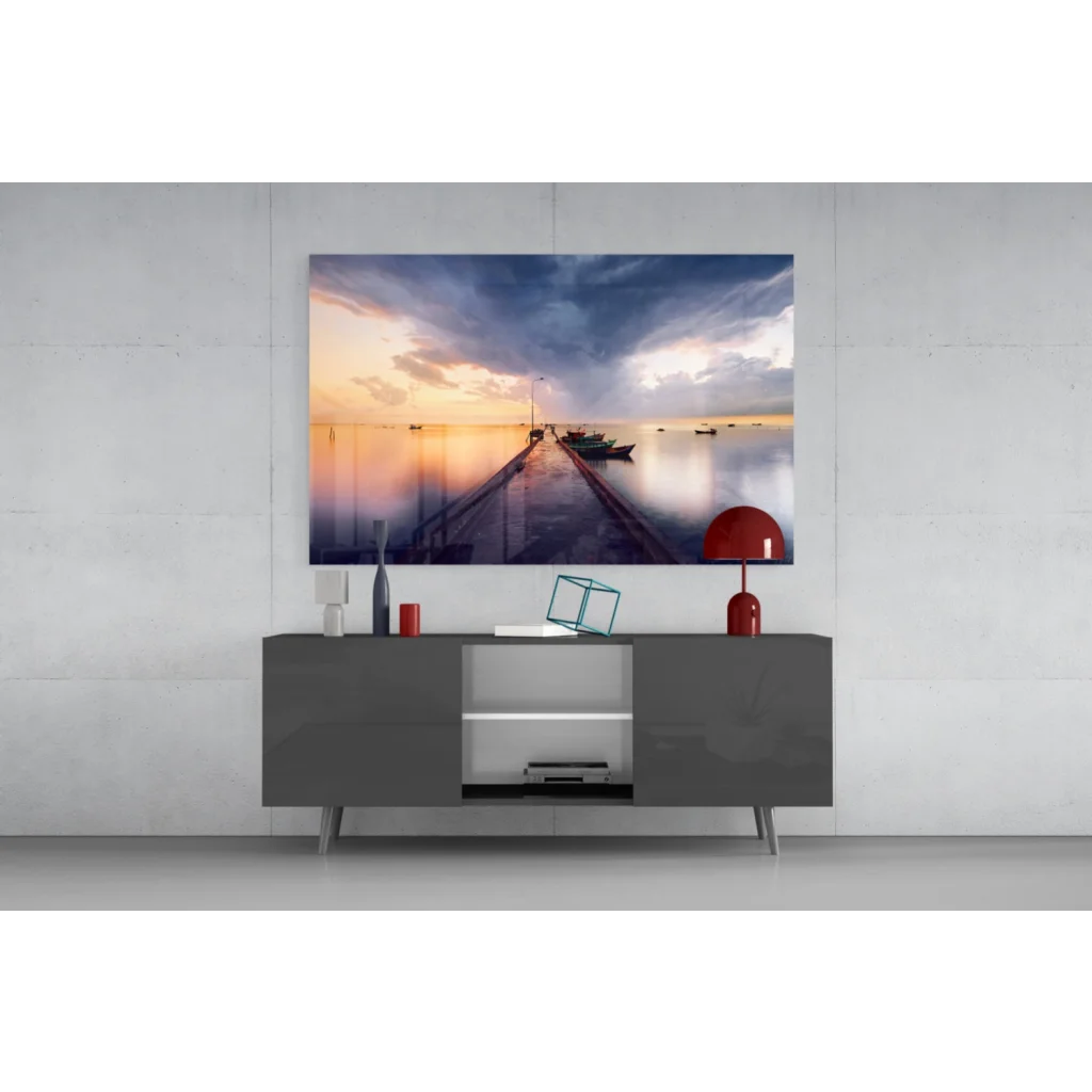Stunning sunset marina glass wall art with vibrant orange purple blue sky