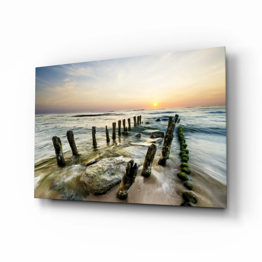 Sunset Ocean Beach Glass Wall Art with Wooden Pilings | Insigneart USA | vintageantiquesgifts.com