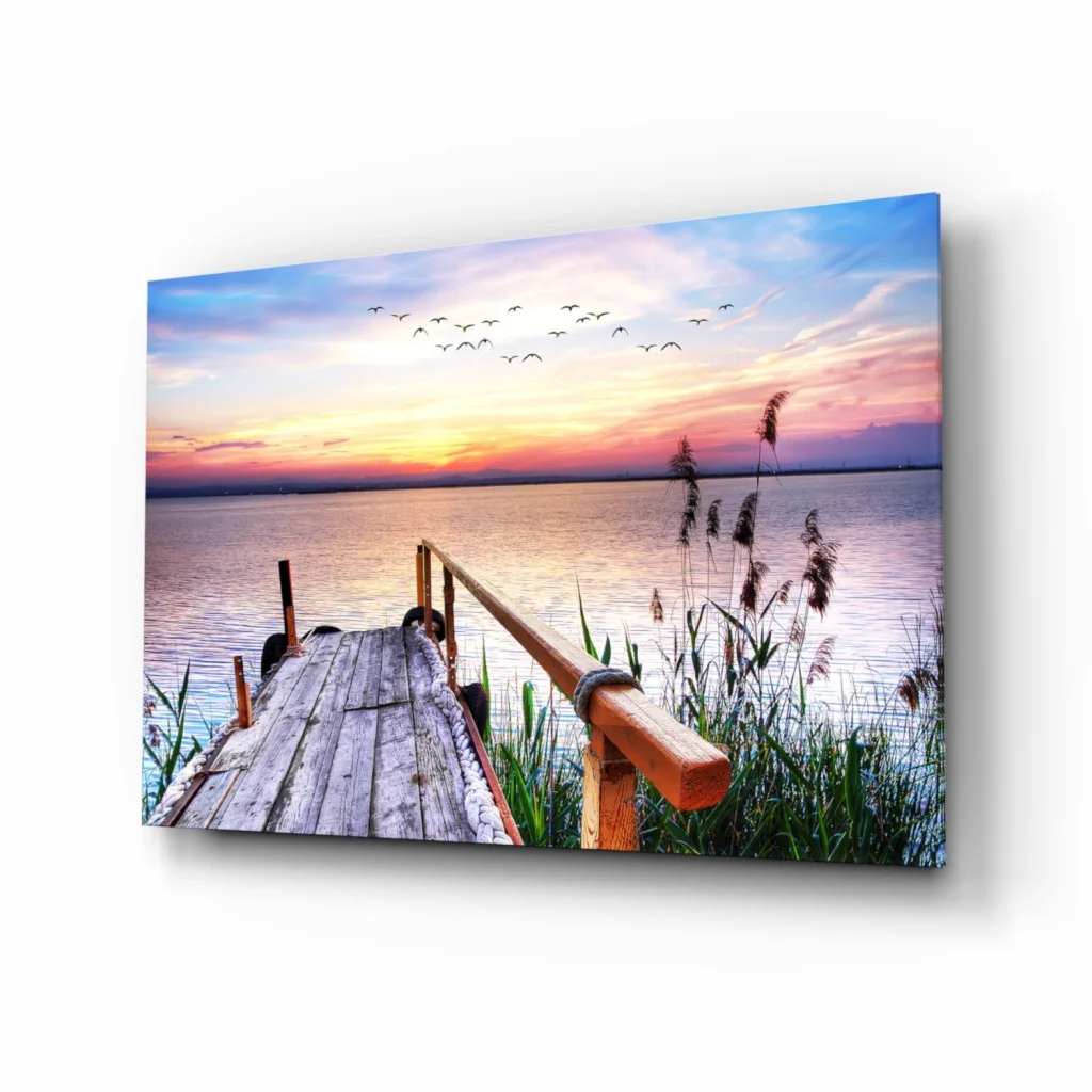 Stunning Sunset Dock Glass Wall Art with Flying Birds | Insigneart USA | vintageantiquesgifts.com