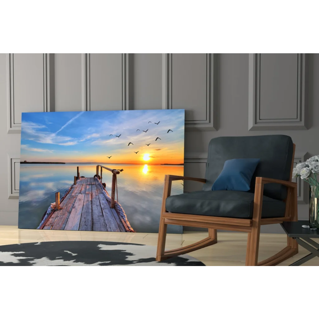 Sunset pier canvas wall art with birds in orange sky