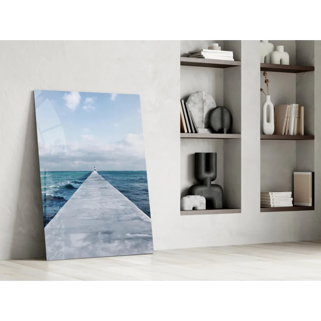 Stunning ocean pier glass wall art canvas print with serene view