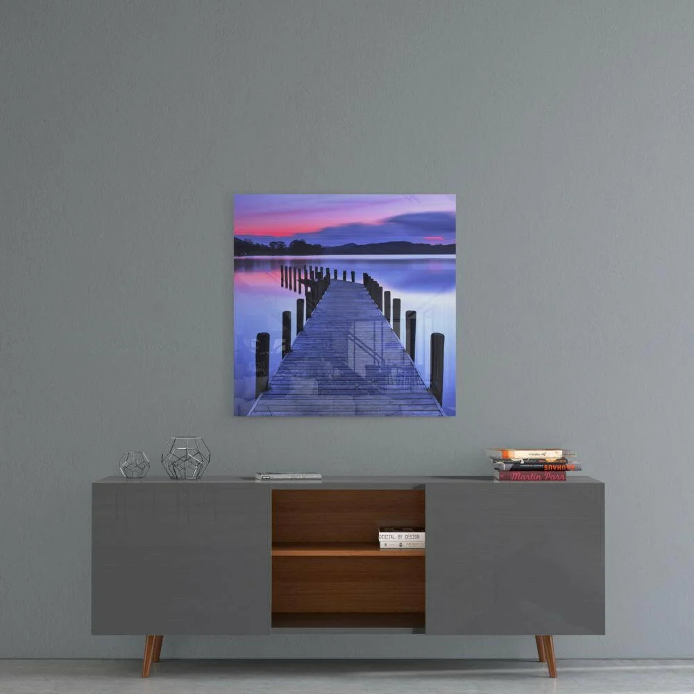 Stunning twilight pier glass wall art print on square canvas