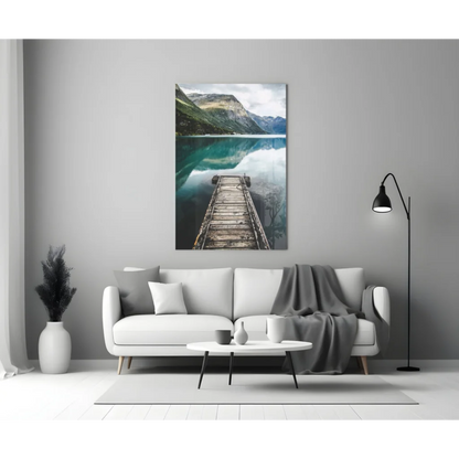 Tranquil dock glass wall art with mountain reflections in turquoise water