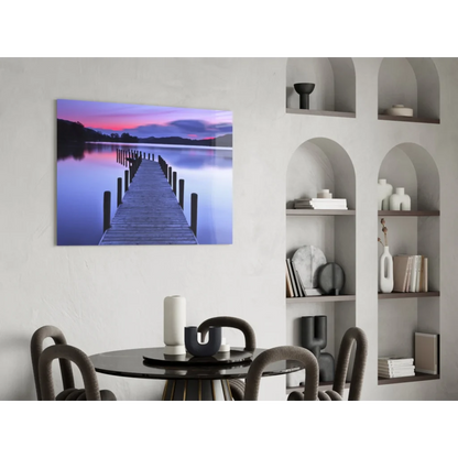 Serene twilight pier glass wall art in purple pink skies