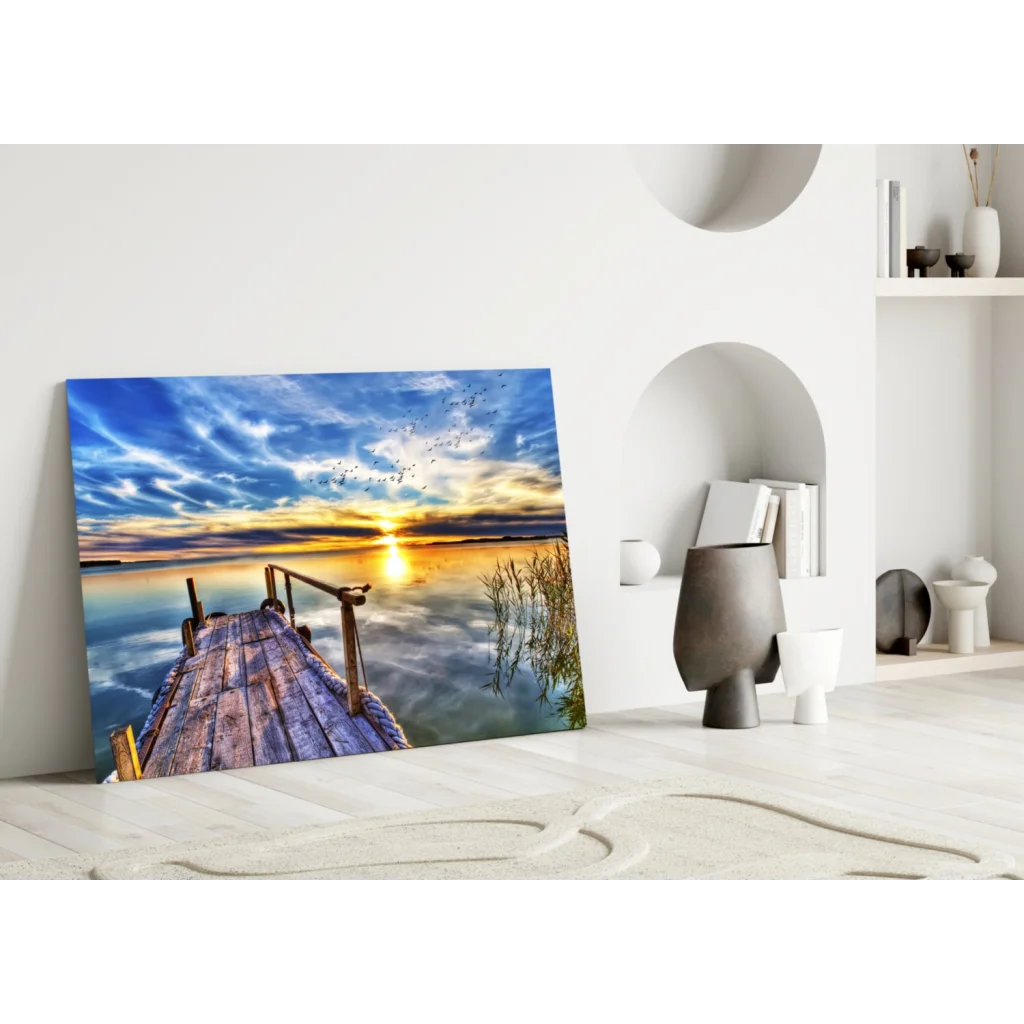 Sunset dock canvas wall art with golden reflections on calm water