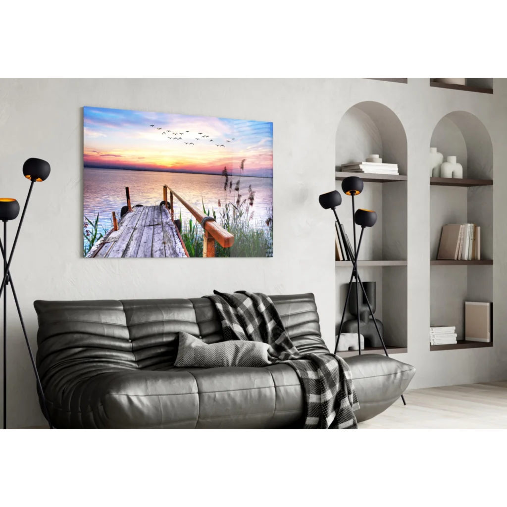 Stunning Sunset Dock Glass Wall Art with Flying Birds | Contemporary Home Wall Art | vintageantiquesgifts.com