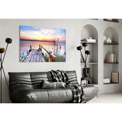 Stunning Sunset Dock Glass Wall Art with Flying Birds | Contemporary Home Wall Art | vintageantiquesgifts.com
