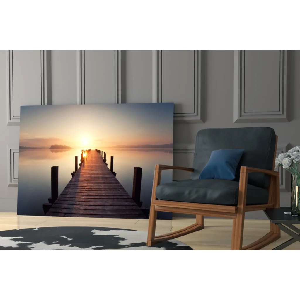 Serene sunset pier on glass wall art print