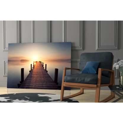 Serene sunset pier on glass wall art print