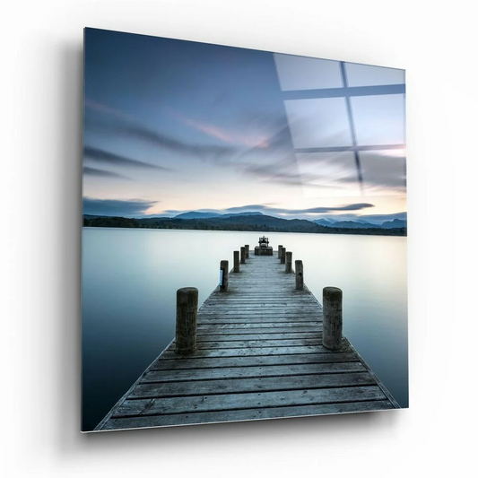 Twilight Dock Glass Wall Art with Mountain View | Insigneart USA | vintageantiquesgifts.com