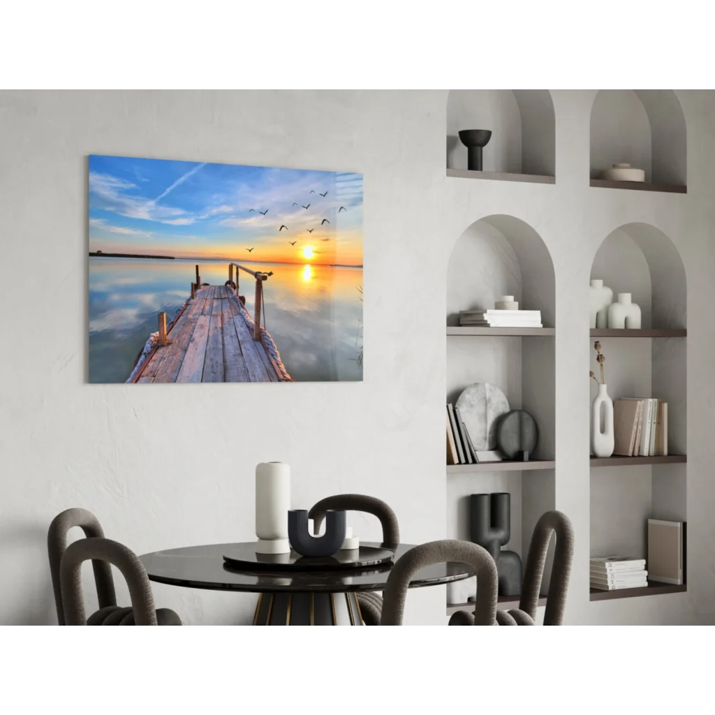 Sunset pier canvas wall art with flying birds over calm water