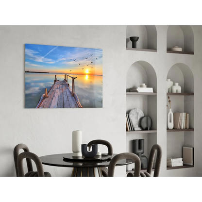 Sunset pier canvas wall art with flying birds over calm water