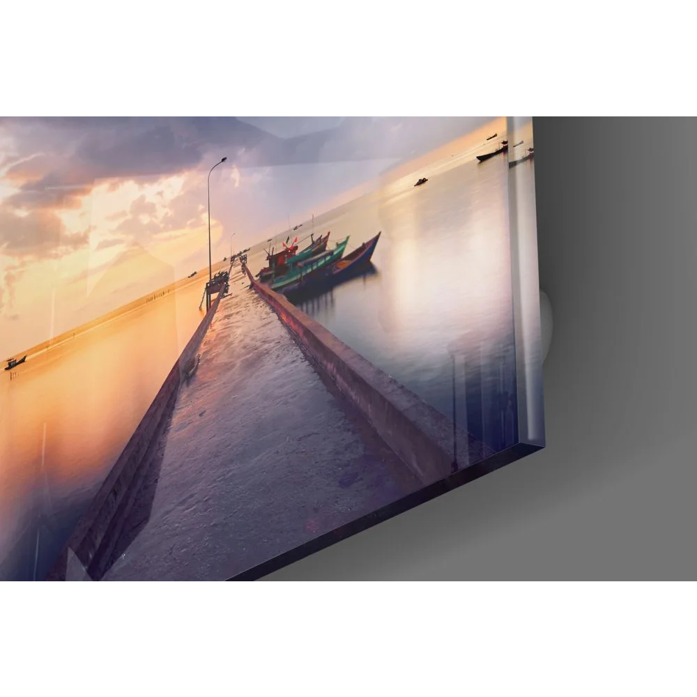 Stunning tempered glass art of serene coastal sunset over pier with boats