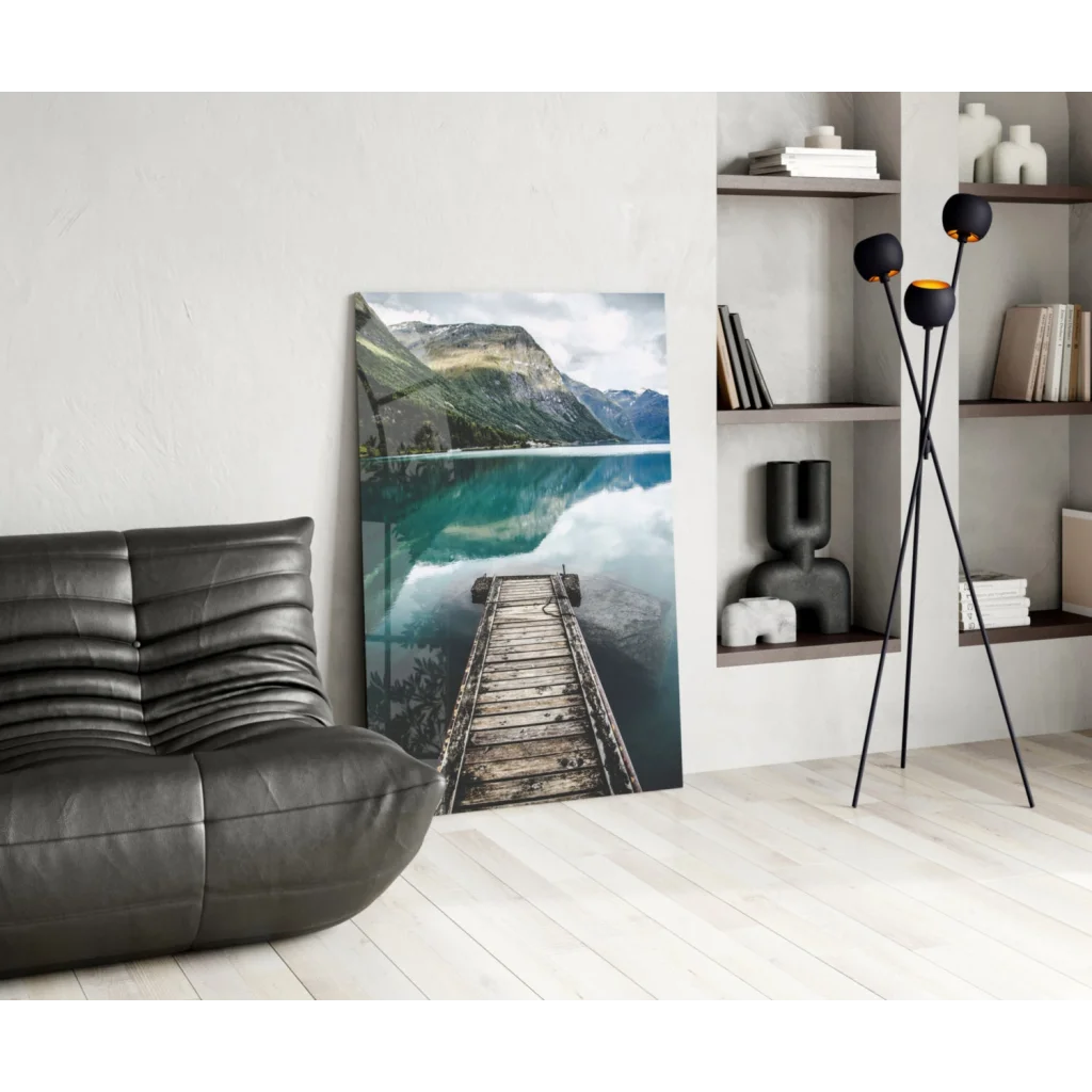 Serene mountain lake glass wall art with weathered dock