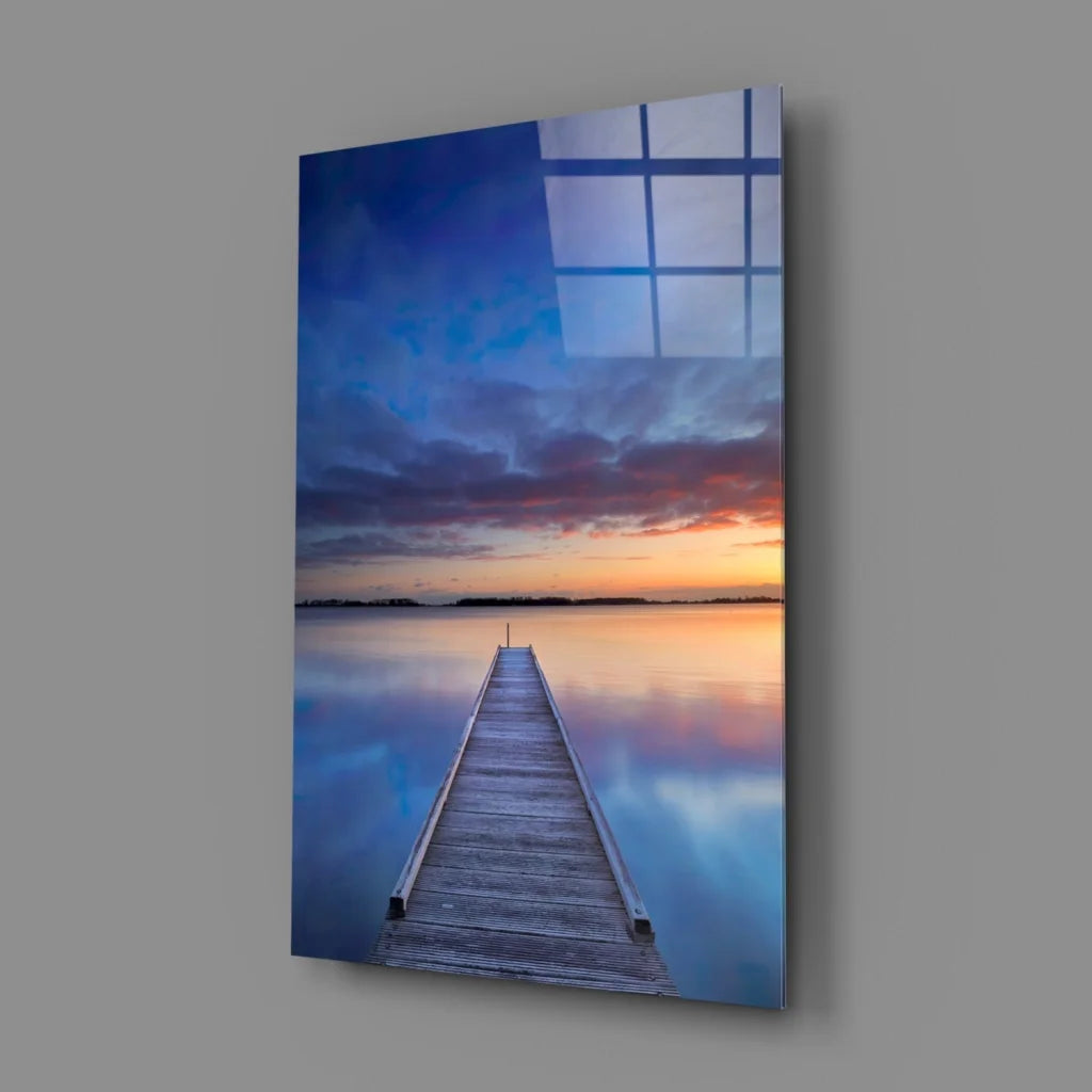 Stunning sunset pier glass wall art with dock over water