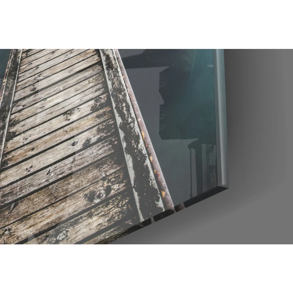 Weathered dock glass wall art with mountain reflections