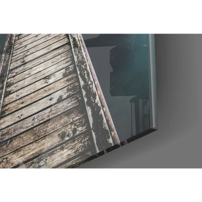 Weathered dock glass wall art with mountain reflections