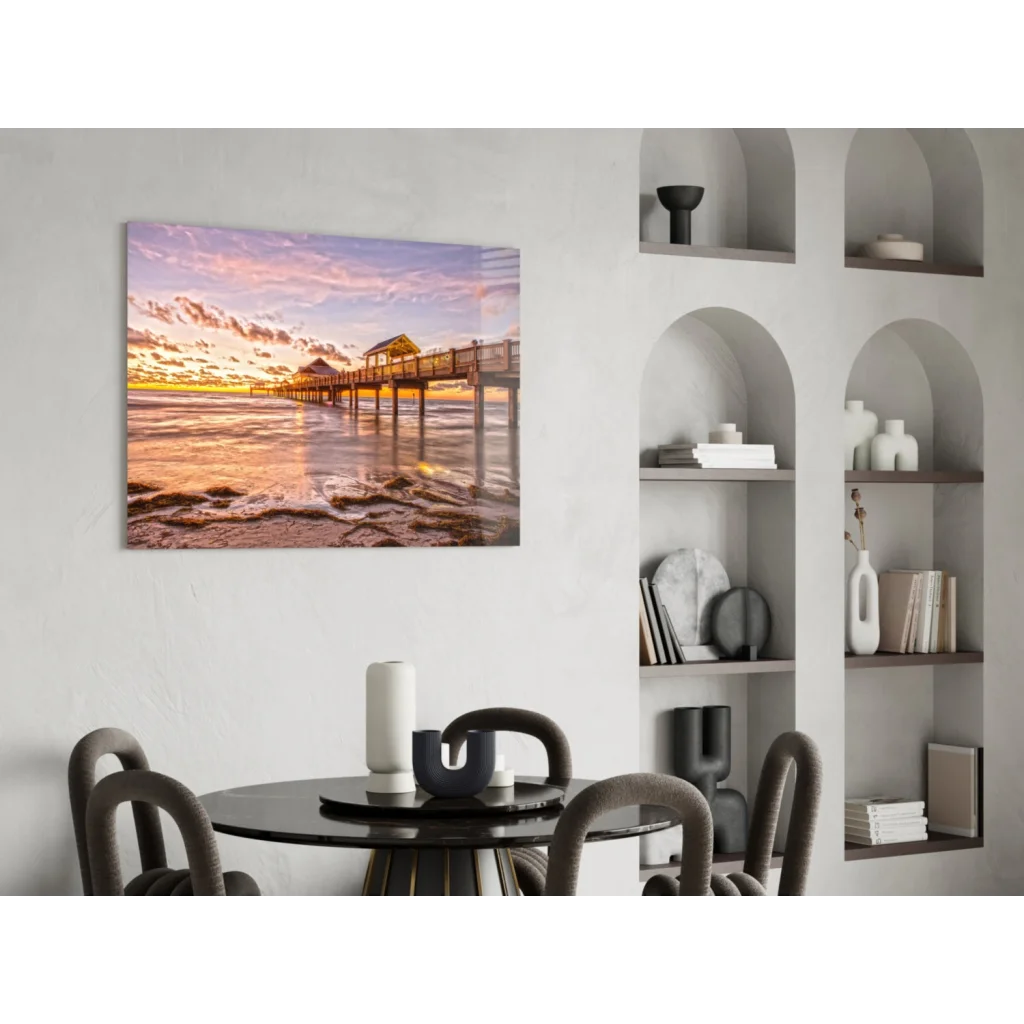 Stunning sunset pier glass wall art canvas print with serene hues
