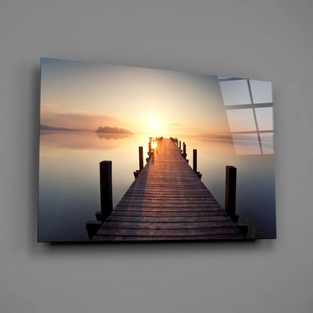 Sleek sunrise pier glass wall art print on glossy acrylic