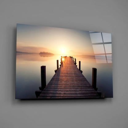 Sleek sunrise pier glass wall art print on glossy acrylic