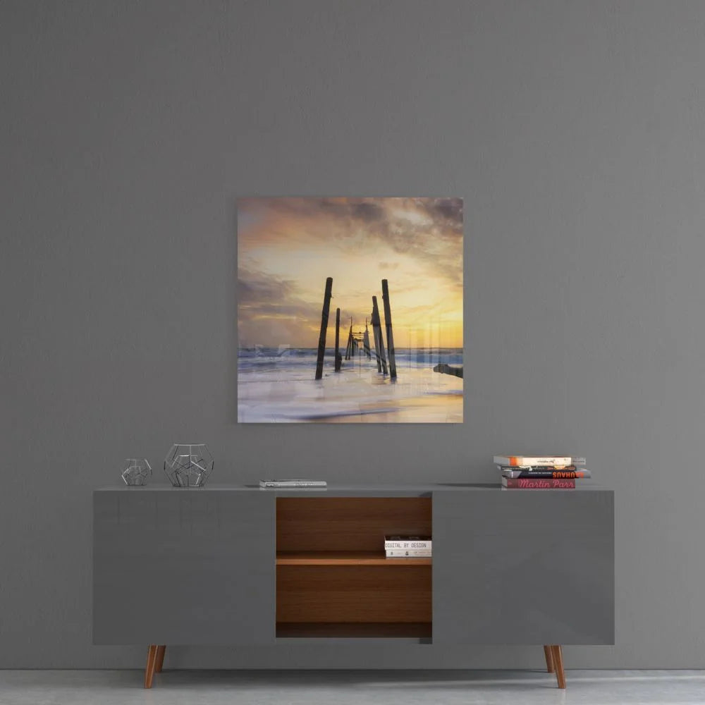 Stunning ocean sunset tempered glass art on gray wall