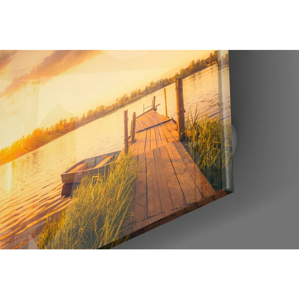 Warm-toned wooden dock and boat in sunset tempered glass art